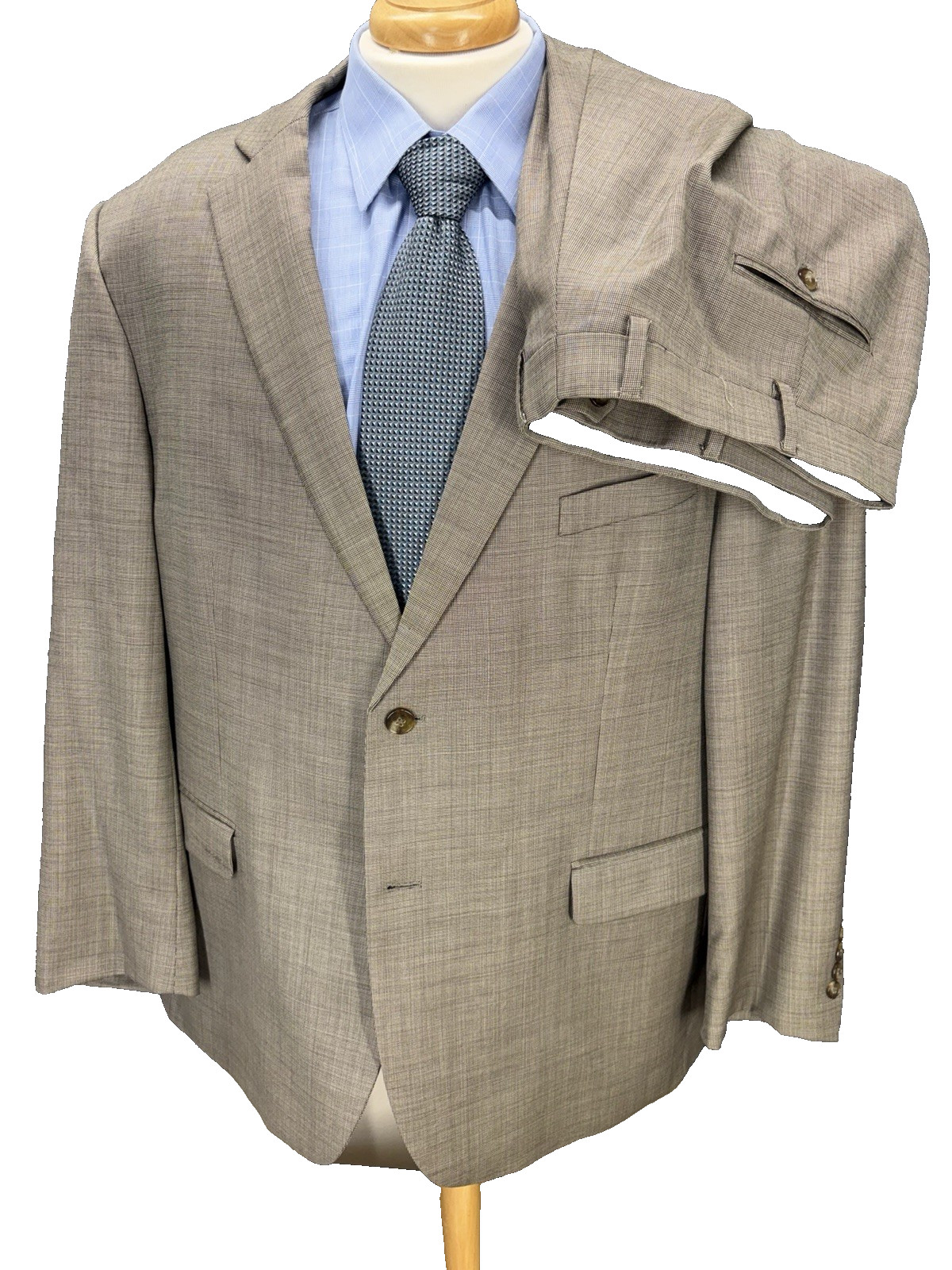 Jos A Bank Suit Mens 50R Pants 44×30 Brown Micro Check Traveler 100% Wool 2 Btn