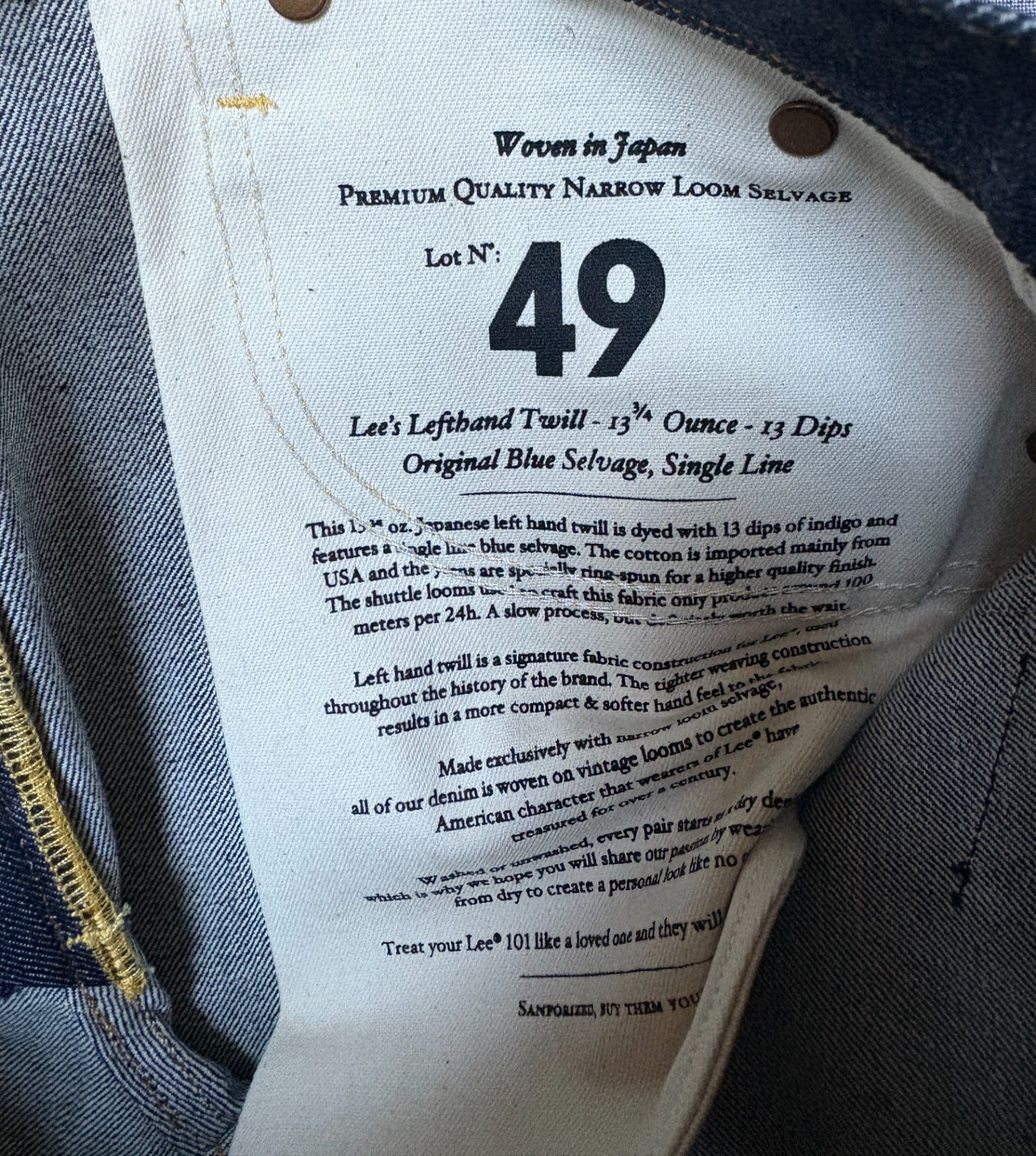 Authentic Lee 101Z Japanese Selvedge Denim Jeans Dry Indigo Made Italy 29×32 NWT