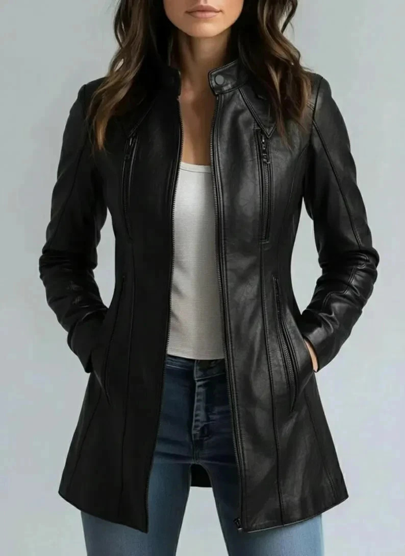 NEW Women’s High Quality Genuine Leather Outerwear Coat – Long Fitted Style Coat