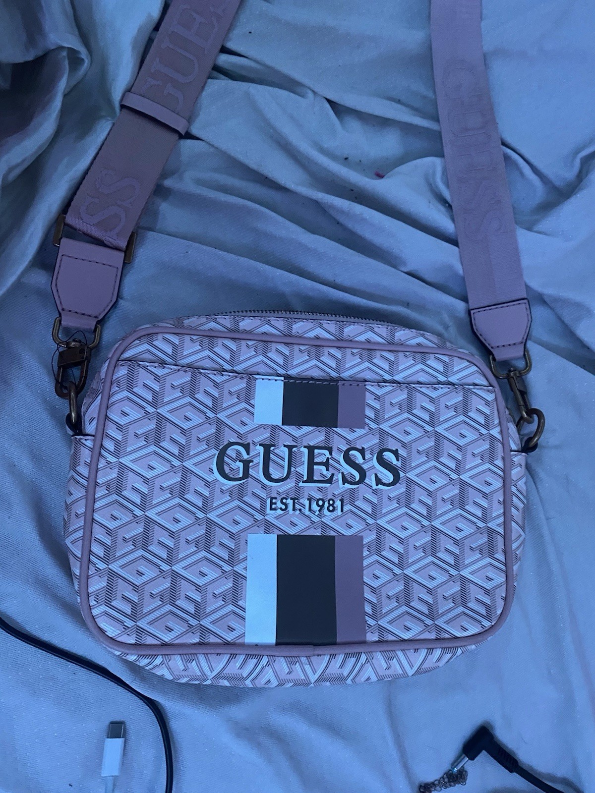 GUESS Pink Logo Crossbody Bag Zip Closure Adjustable Strap Inner Pockets