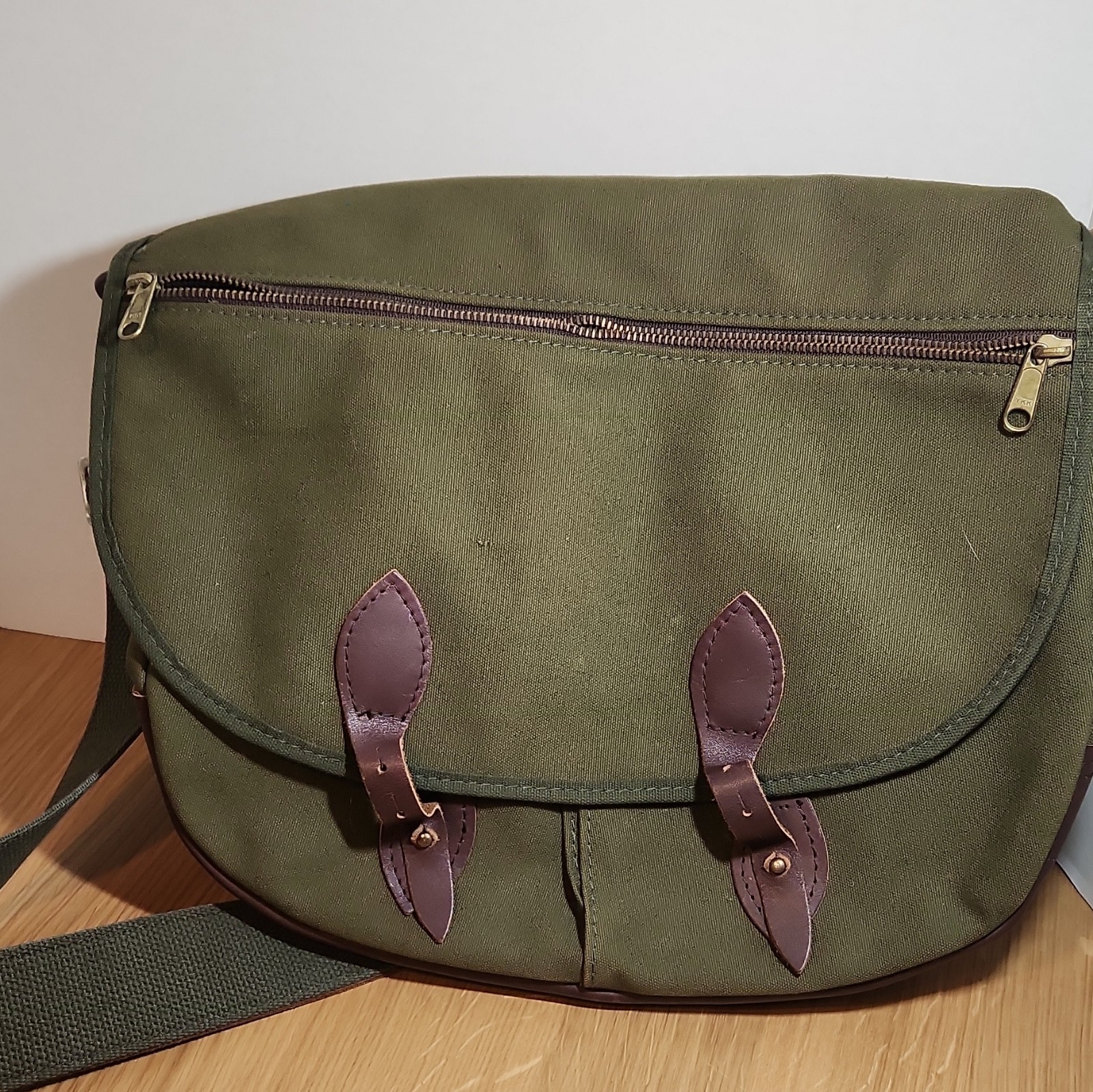 Green/Brown Messenger Shoulder Bag, Adjustable Strap, Flap Buckle, Top Zipper