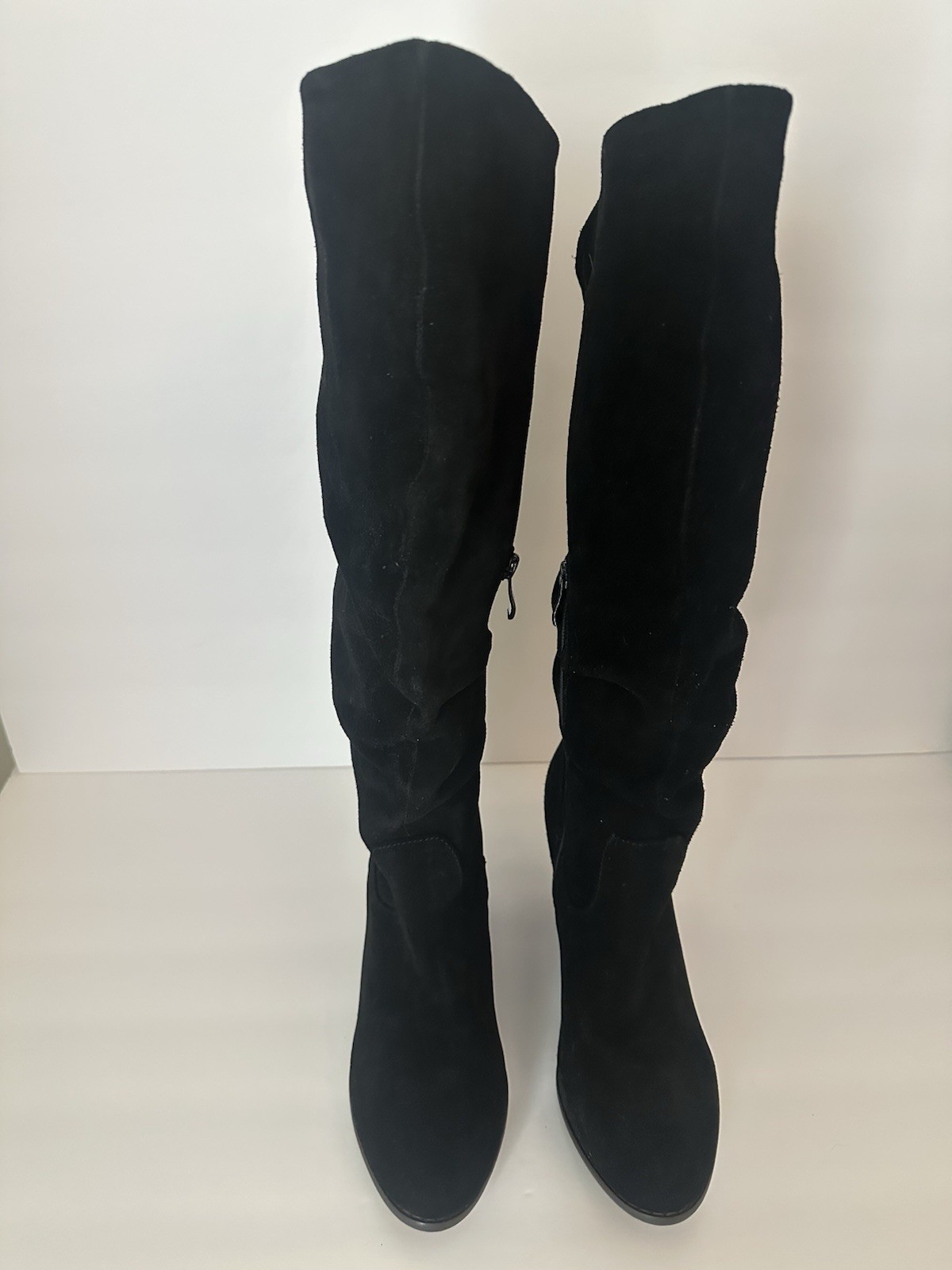 Volatile Women’s Black Suede Knee-High Wedge Boots Round Toe Side Zip 7.5M
