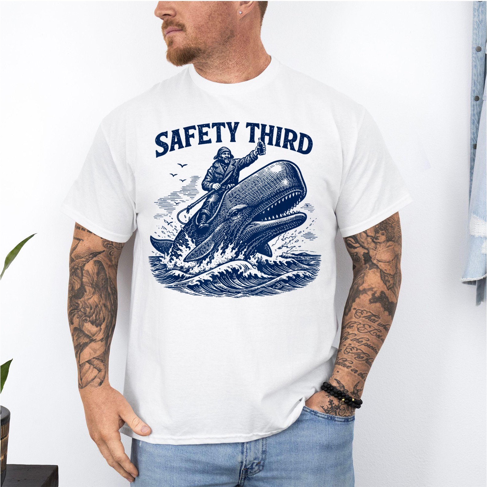 Safety Third Funny Sarcastic Nautical Whale Rider Joke Unisex T-Shirt