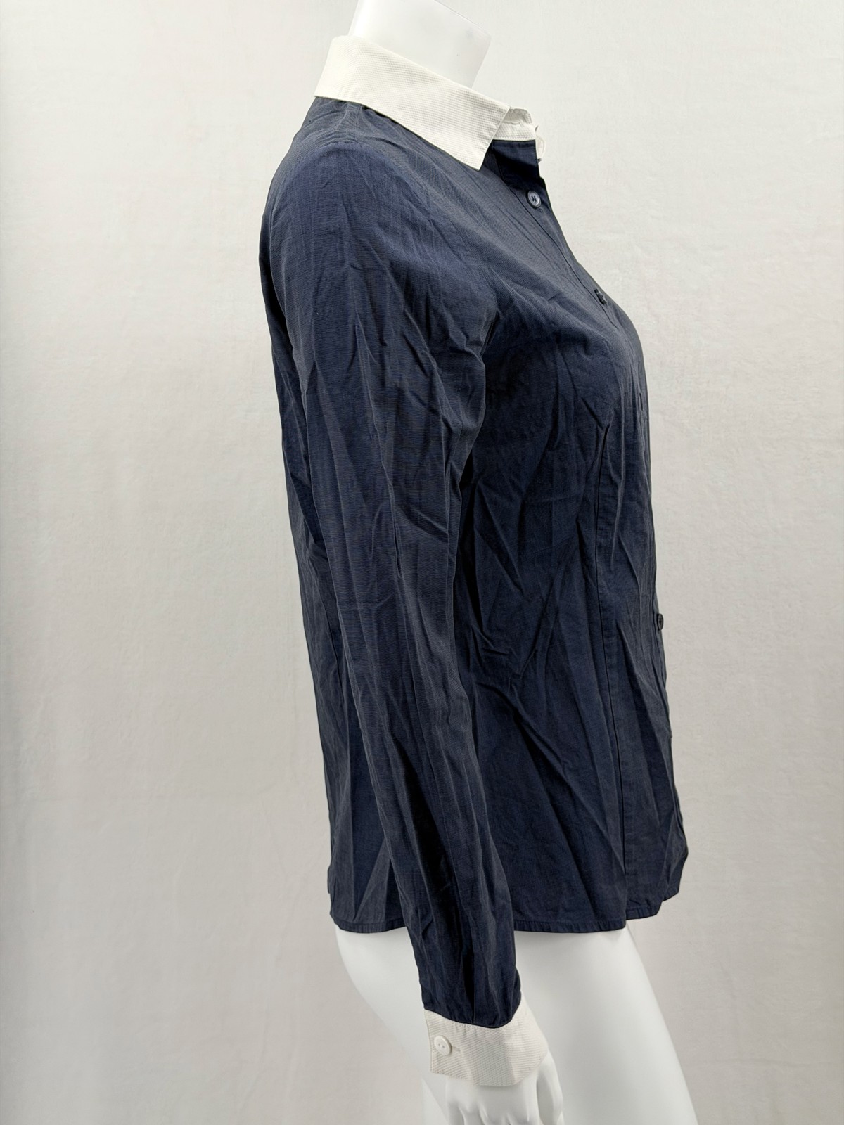 St John Top Womens 6 Navy Button Up Contrast Collar Office Classic Preppy Work