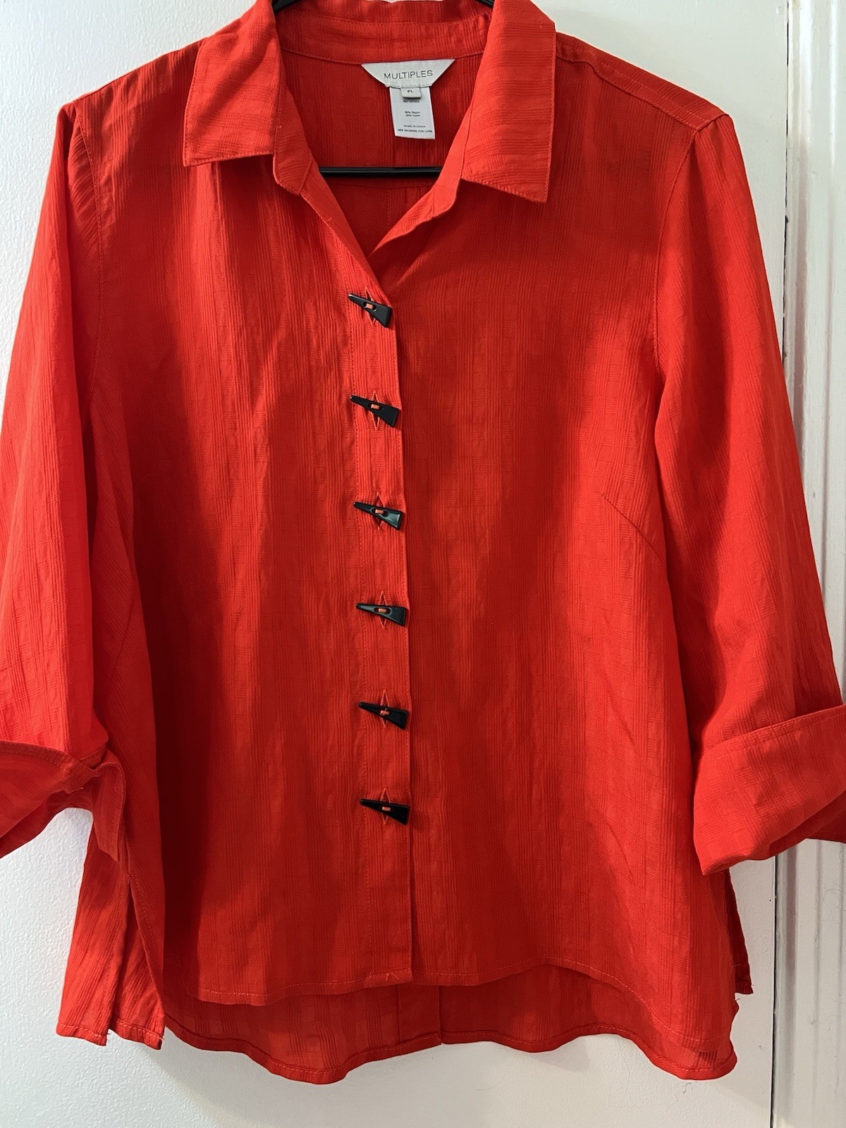 Multiples Red Woven Rayon Nylon Solid Collared Button Front 3/4 Blouse PL