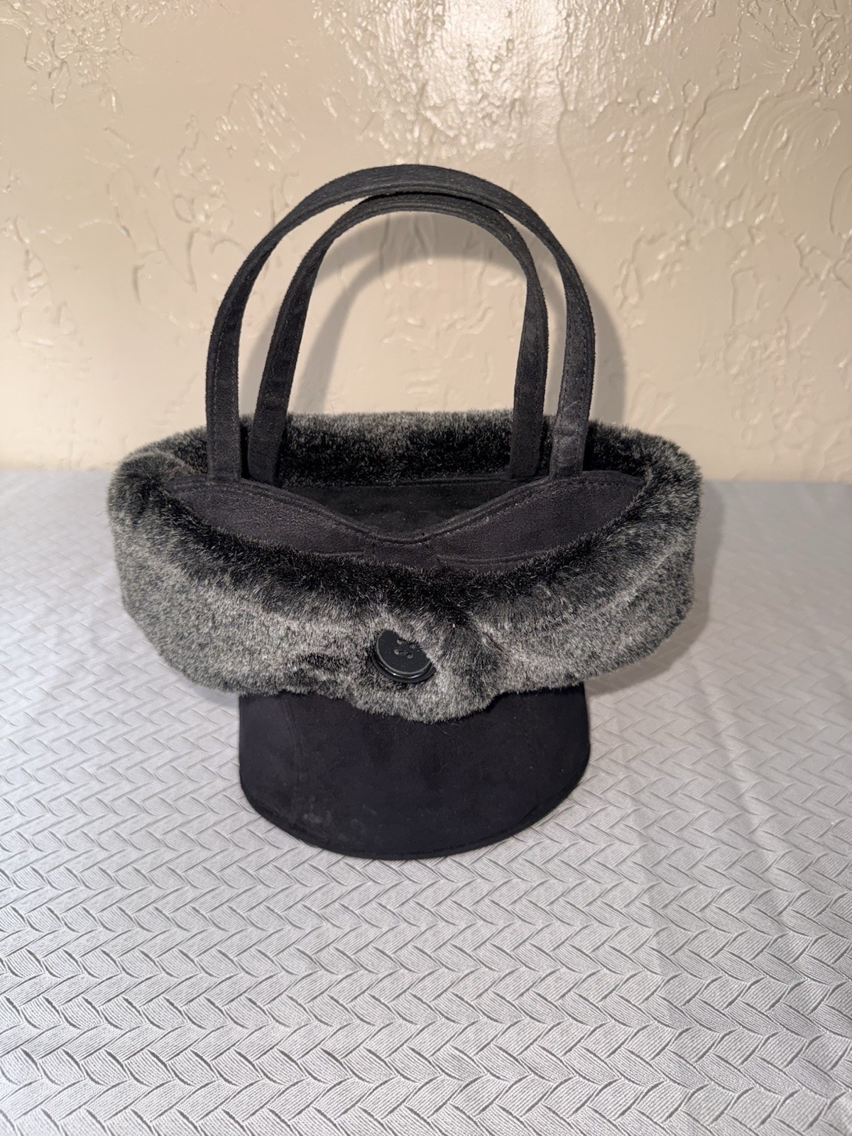 Mini Black Hand Purse Faux Fur- 7in Height (not including straps) 7in Width