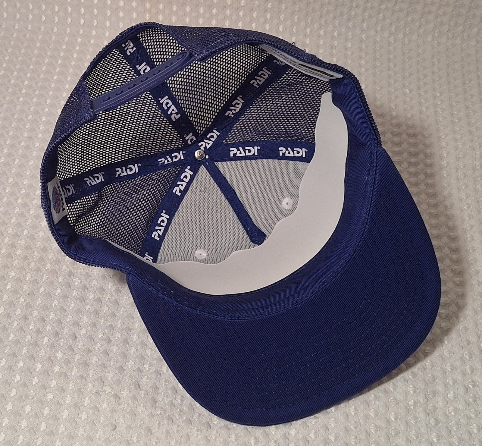 PADI Respect The Locals Shark White Blue Cap Hat Ocean Bound Plastic Diving New