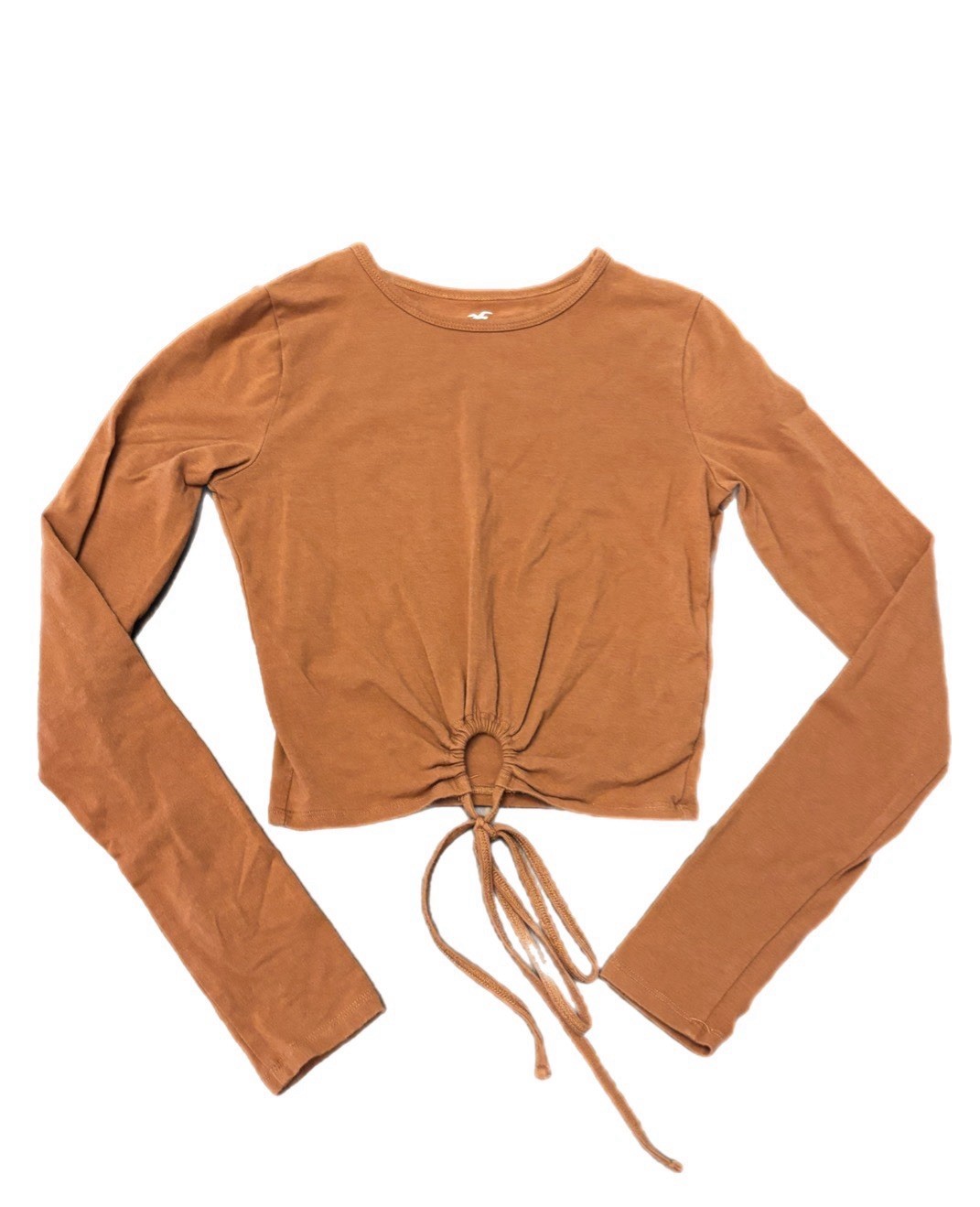 Hollister Womens XS Brown Solid Crew Neck Long Sleeve Cropped Tee, Drawstring