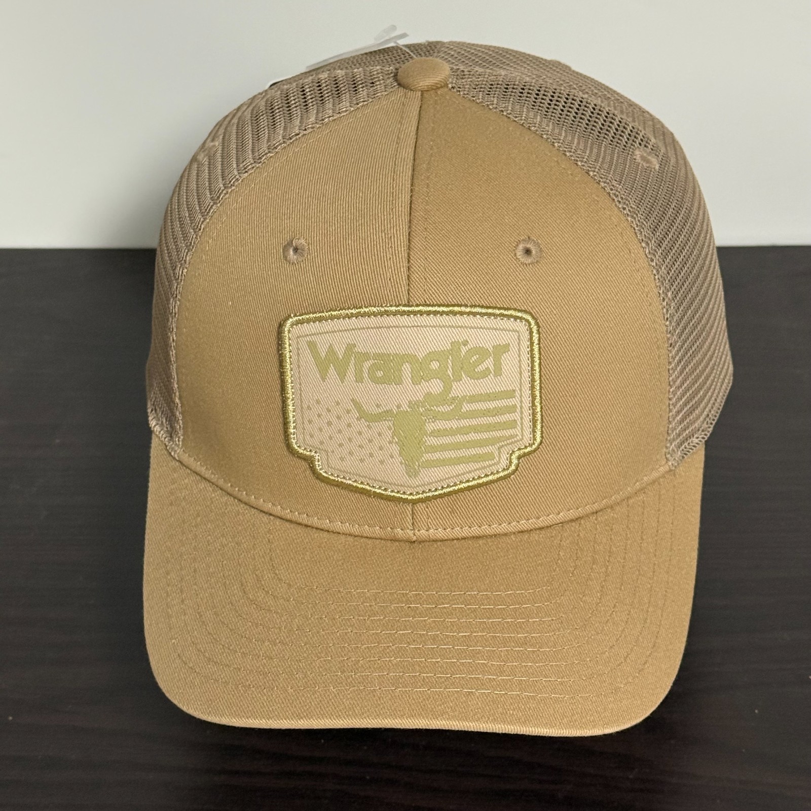 Wrangler Snapback Trucker Hat Beige Adjustable Cap Skull/Flag Logo Patch NEW!