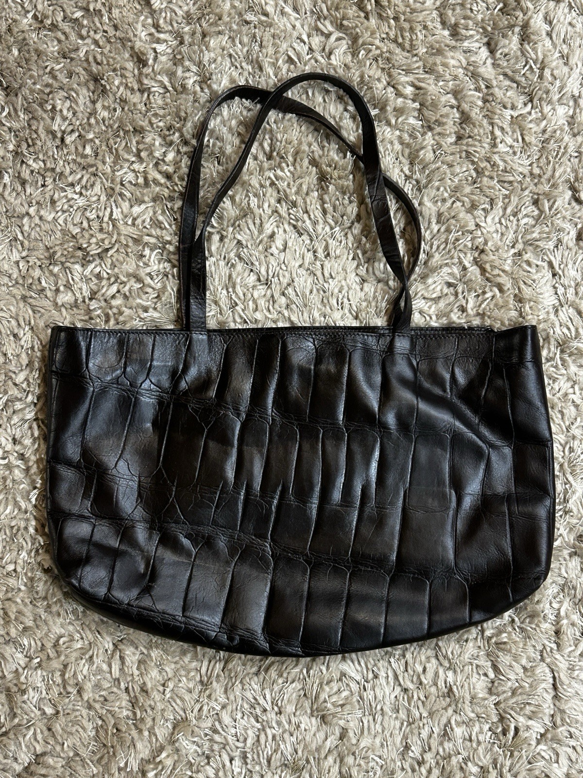 FALOR Le Borse Italy Brown Croc Embossed Leather Shoulder Bag Woven Straps