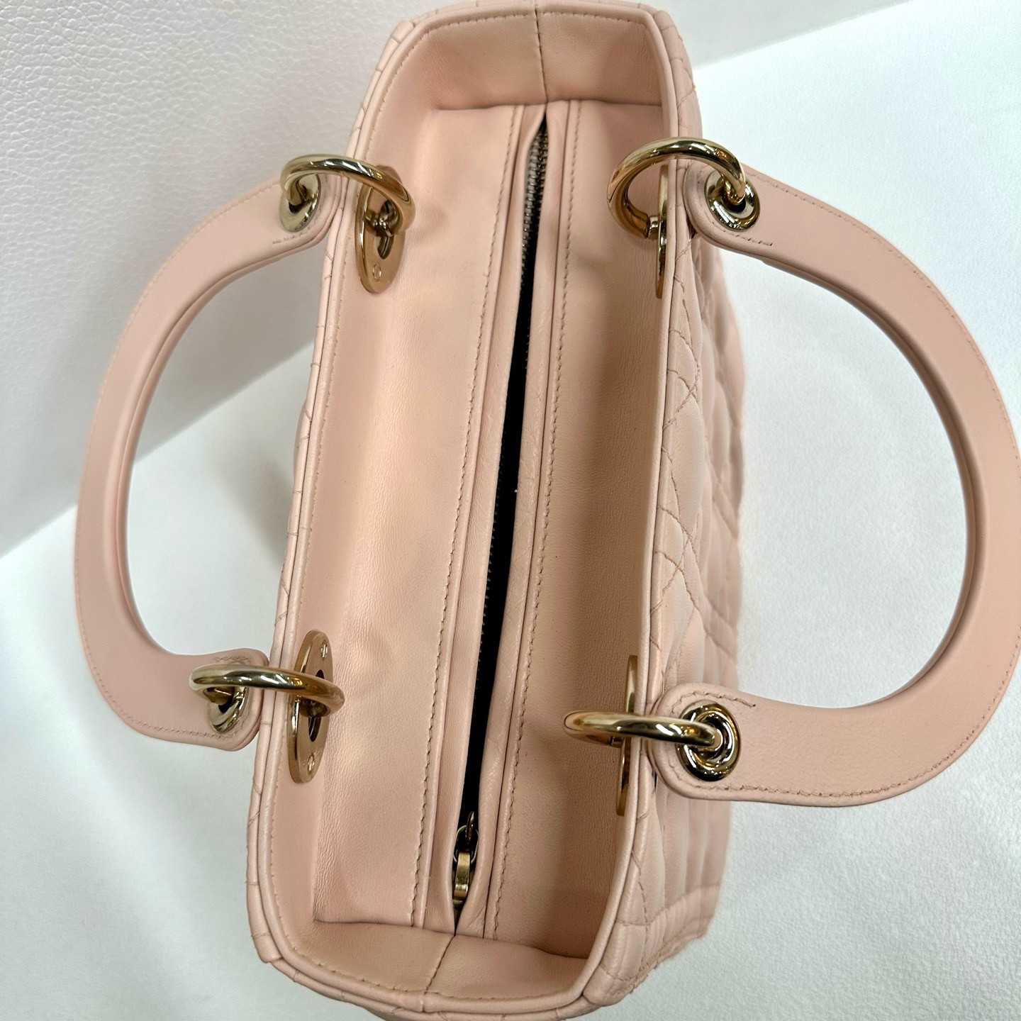 Dior Lady Dior Light Pink Lambskin Cannage Top Handle Crossbody Bag auth