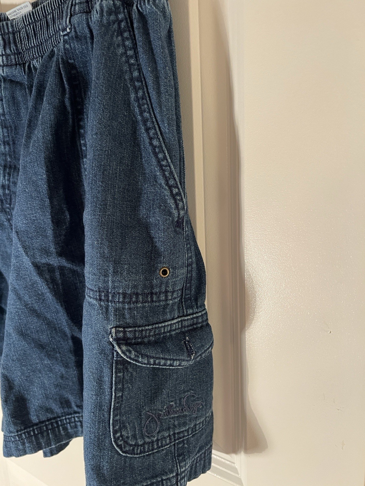 Jonathan Logan Blue Denim Cargo Shorts Women’s L Elastic Waist 5″ Inseam