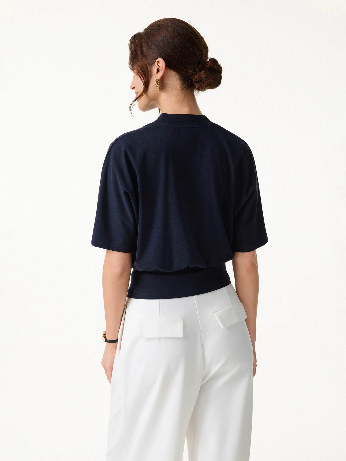 OGL Stand Collar V-Neck Short Sleeve Top