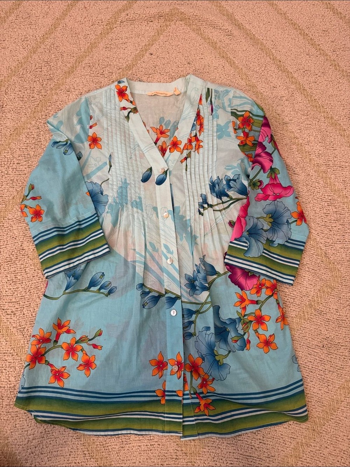 Soft Surroundings PXS Floral Tunic Top Blue 100% Cotton Pintuck Button Front