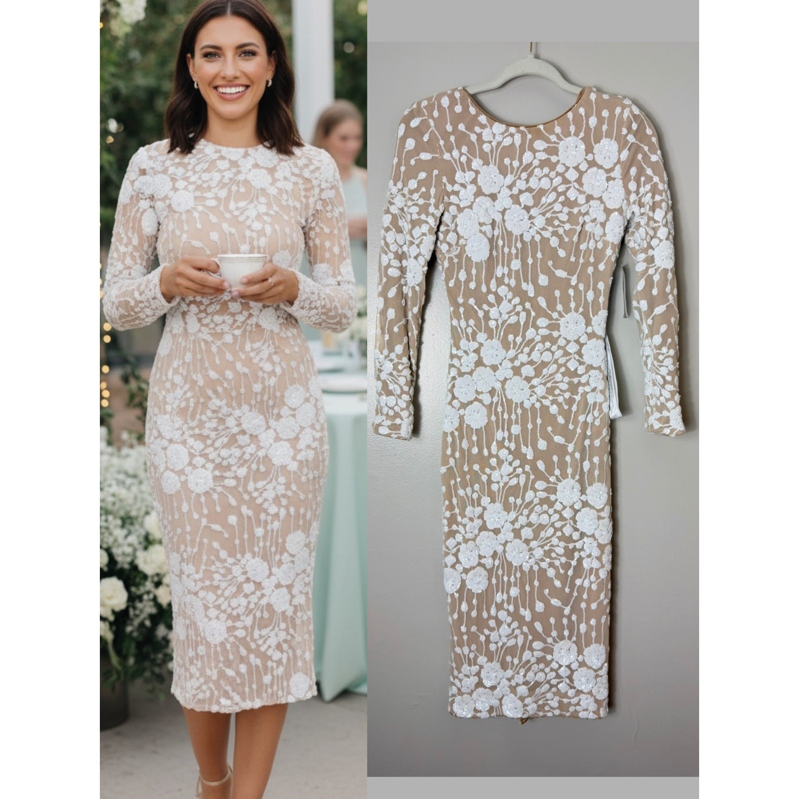 NWT Dress The Population Emery Dress S White Nude Sequin Floral Bride Bridal