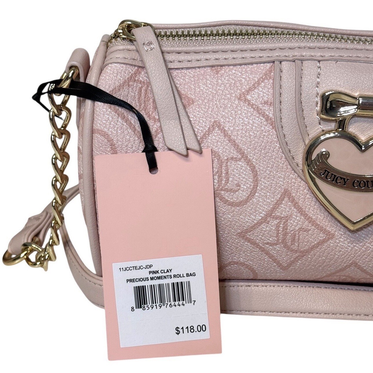 Juicy Couture Precious Moments Roll Bag Pink Clay Monogram Heart Crossbody NEW