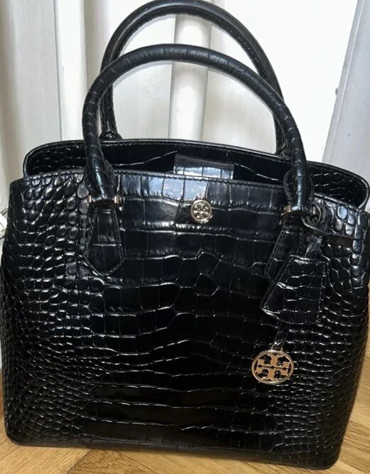 Tory Burch Robinson Crocodile Embossed Crossbody Purse Designer Bag, Black,