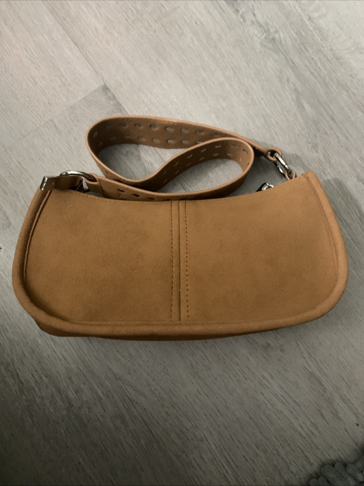 Tan Half Moon Shaped Faux Suede Shoulder Bag with Silver Studded Shoulder Strap