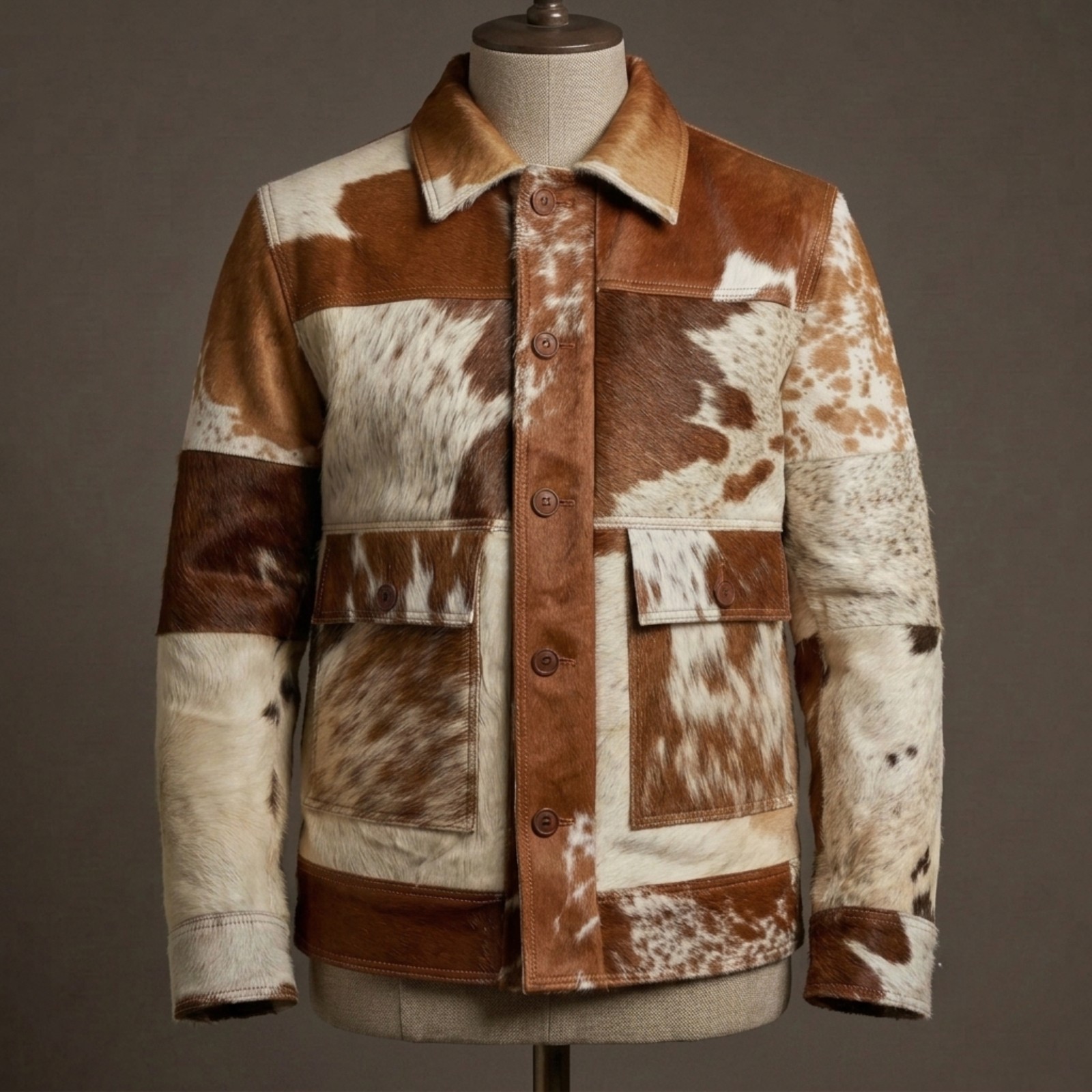 Men’s Tan White Cowhide Leather Jacket Hair On Hide Western Bomber Pony Coat
