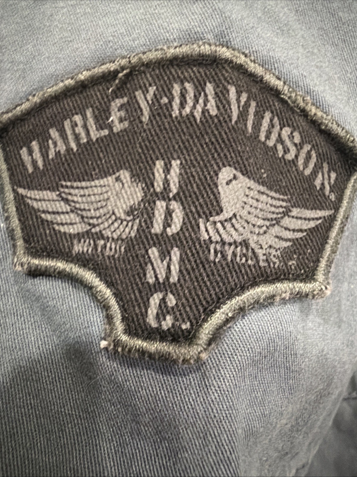 Harley Davidson Blue/grey Button Down Short Sleeve H-DMC Size XL Patch Work