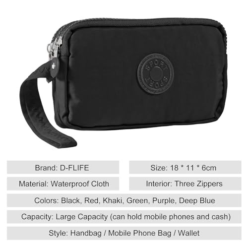 Large Capacity Wristlet Wallet – Women 3 Layers Zipper Oxford Cloth Black