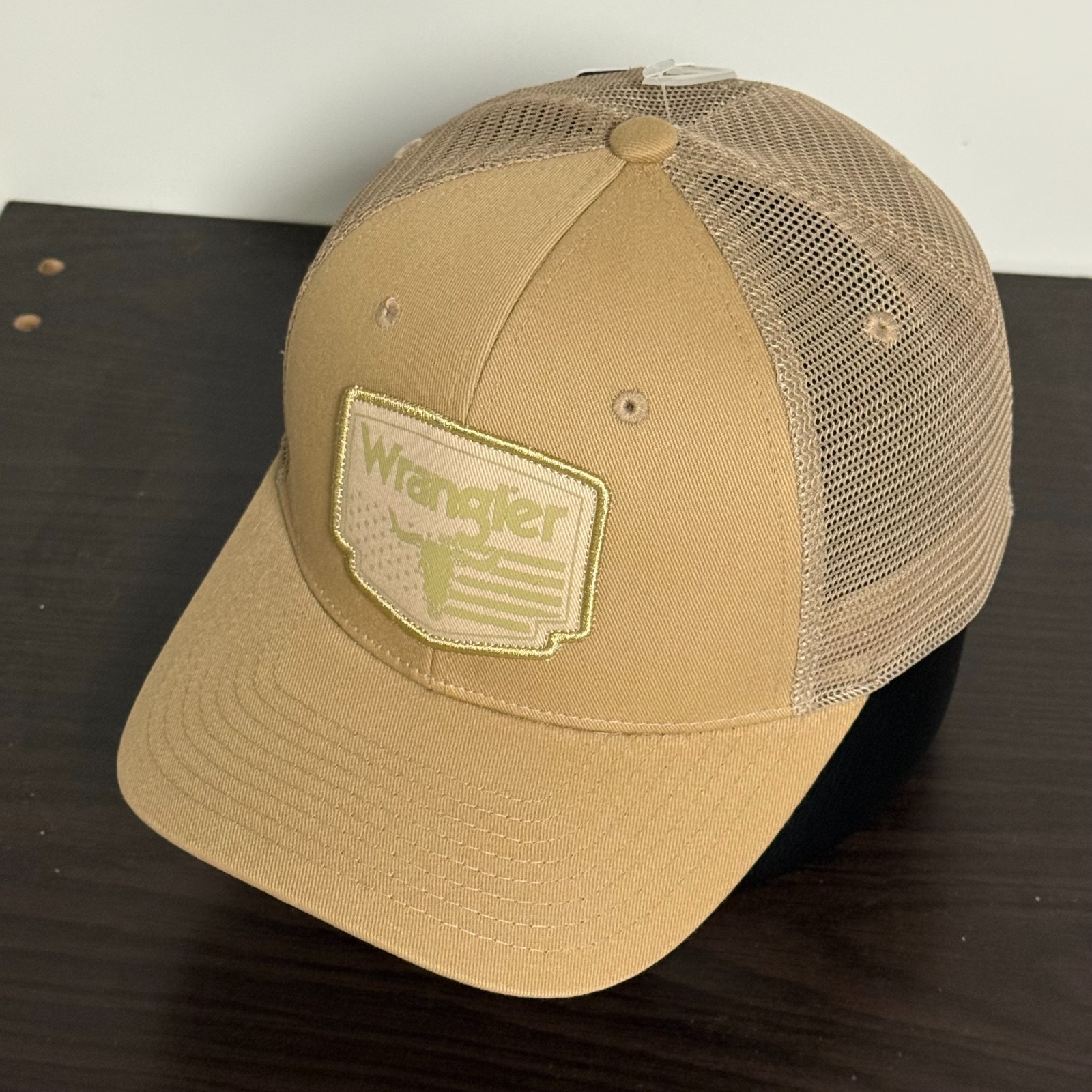 Wrangler Snapback Trucker Hat Beige Adjustable Cap Skull/Flag Logo Patch NEW!
