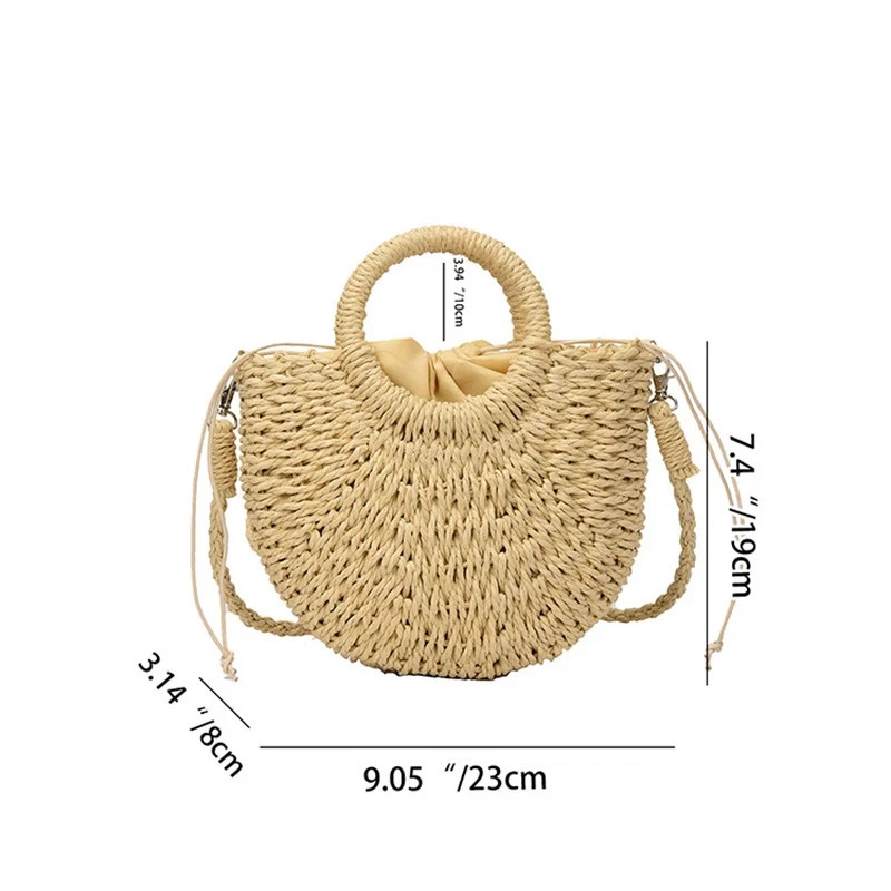 Handwoven Straw Rattan Half-Moon Beach Handbag Large Capacity Women Summer