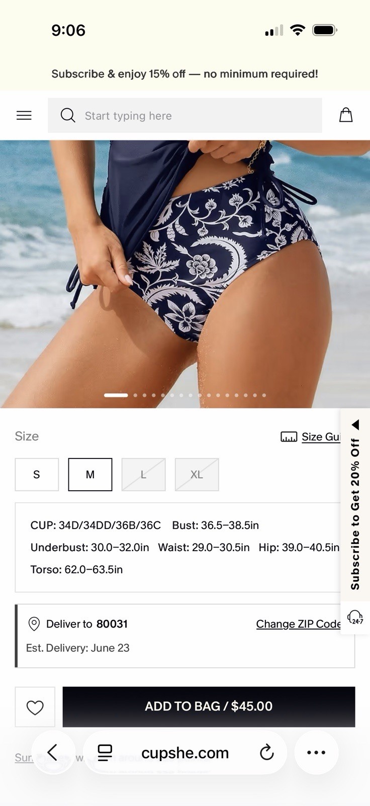 Cupshe Womans size M Blue Blooms Ruched Tankini Top Floral Bikini Bottoms NWT
