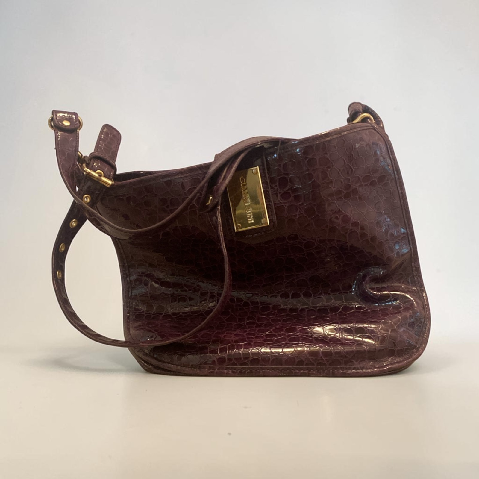 Gianni Bini Purple Croc Embossed Patent Leather Shoulder Bag Gold Hardware