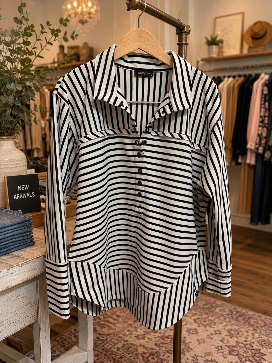 APNY Black/White Striped Collared Long Sleeve Button Knit Cotton Top Size S