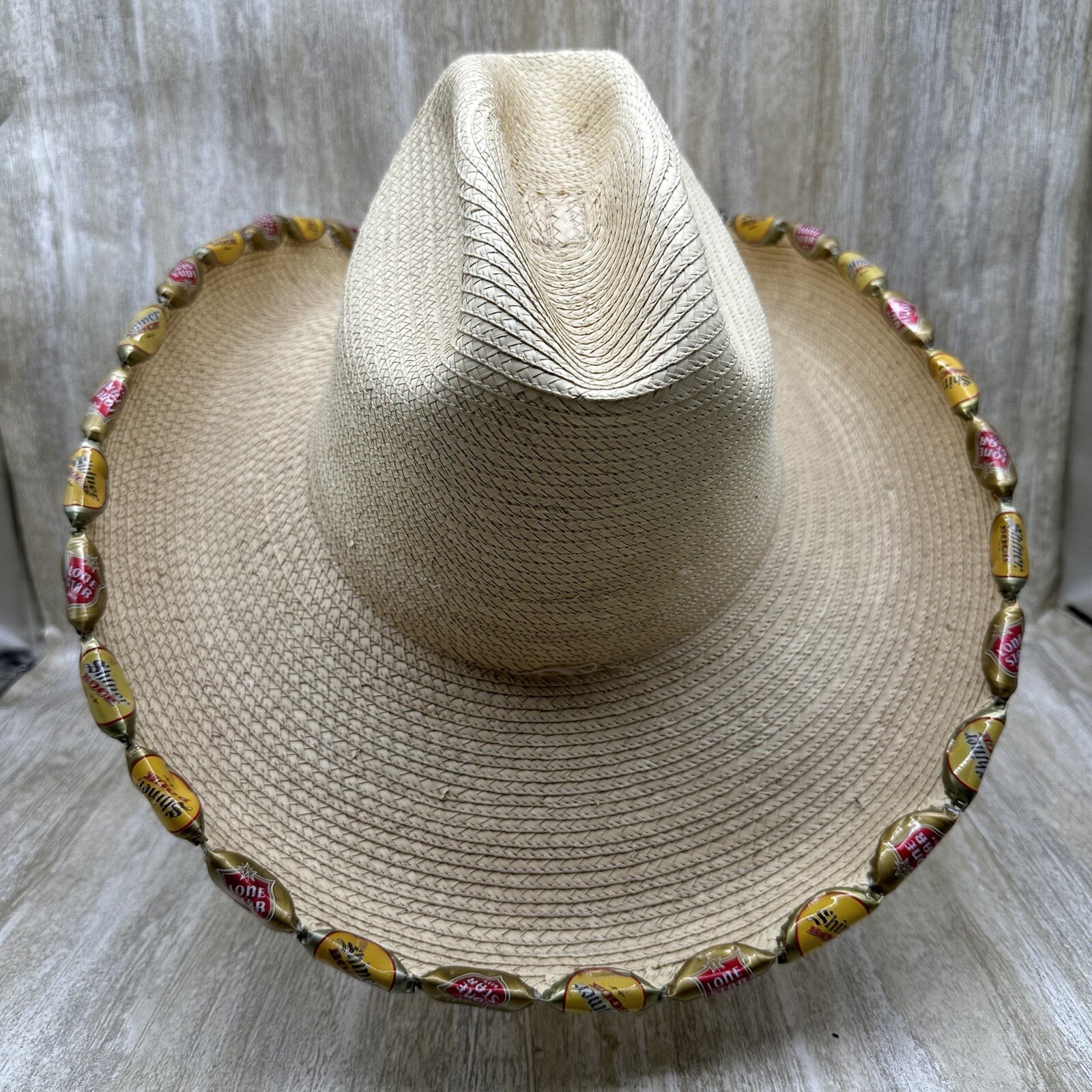 Rodeo Cowboy Hat Mens Approx Size 6.75 Straw Long Oval Wide Rim Beer Bottle Caps