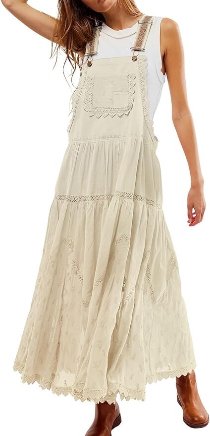 Women’s Laced Embroidered Tulle Bib Dress Casual Loose Adjustable Straps Maxi