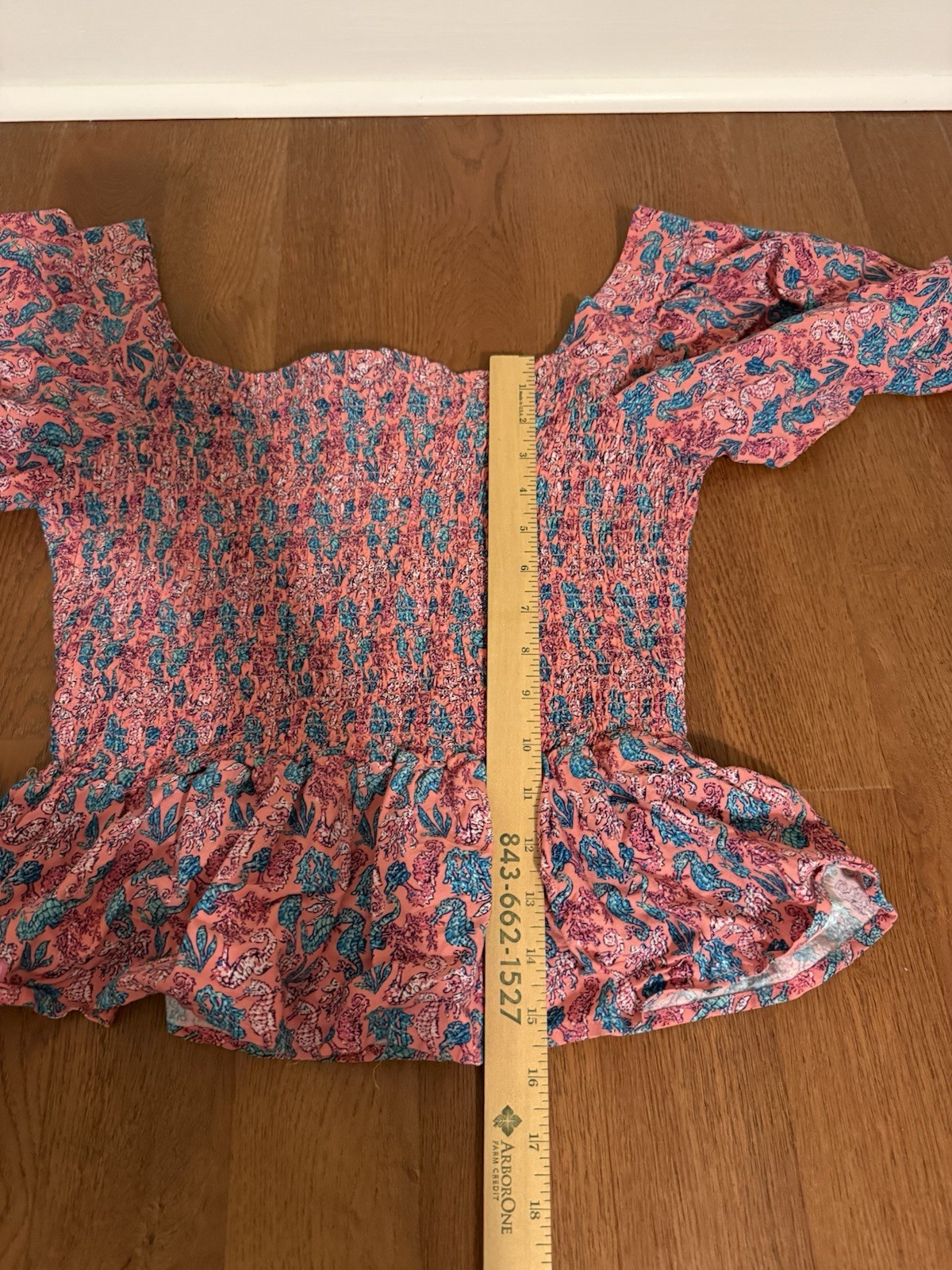 Simply Southern Smocked Seahorse Peplum Top Pink Blue Coastal Flutter Sleeve M⁠