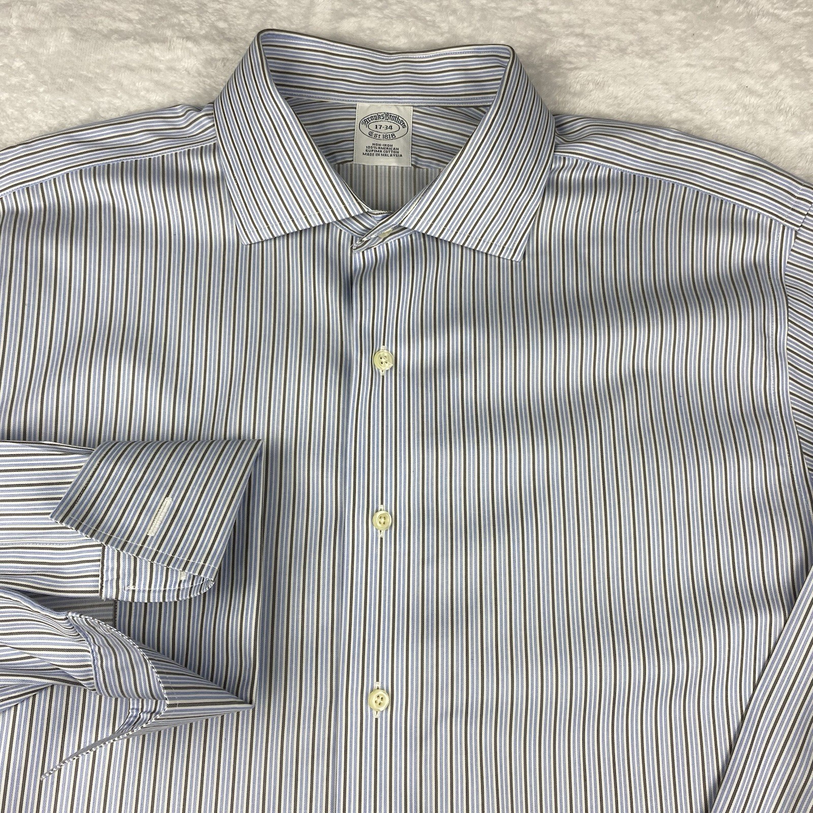 Brooks Brothers Dress Shirt Men’s 17-34 Blue/Olive Stripes French Cuffs No Iron