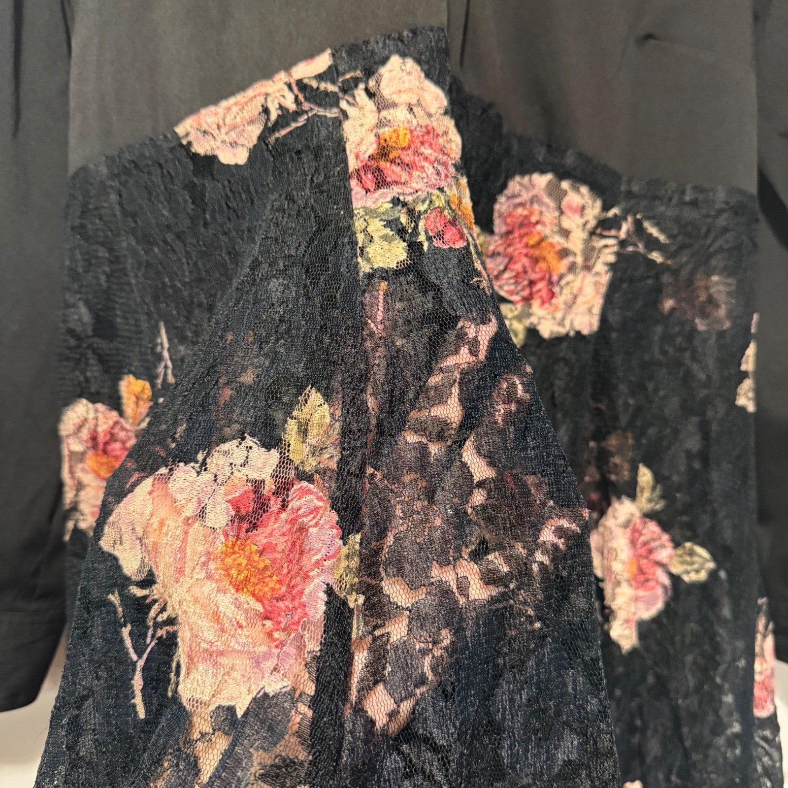 Upcycled Recycled Black Mixed Media Floral Lace Shirt Dress Tunic Embroidered