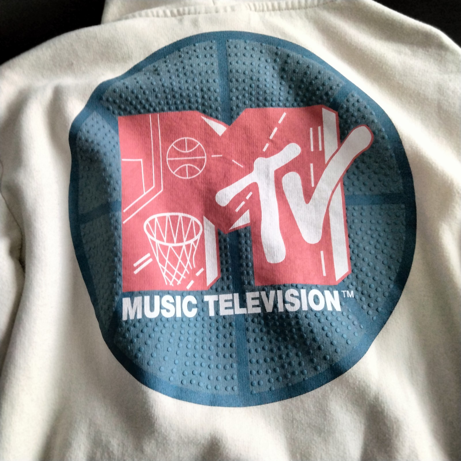 MTV Hoodie Double Sided Basketball Graphic Sweatshirt Unisex Medium Cream Color