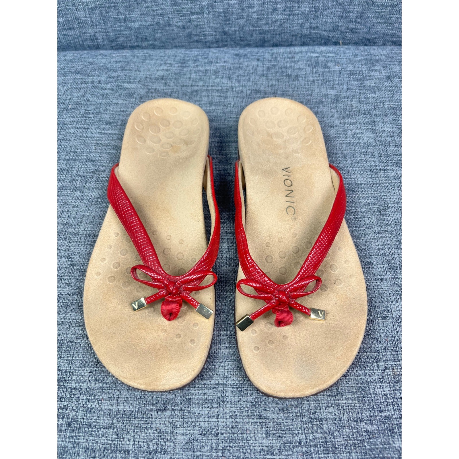 Vionic Bella II Red Lizard Embossed Orthotic Bow Flip Flop Sandals Womens 7.5