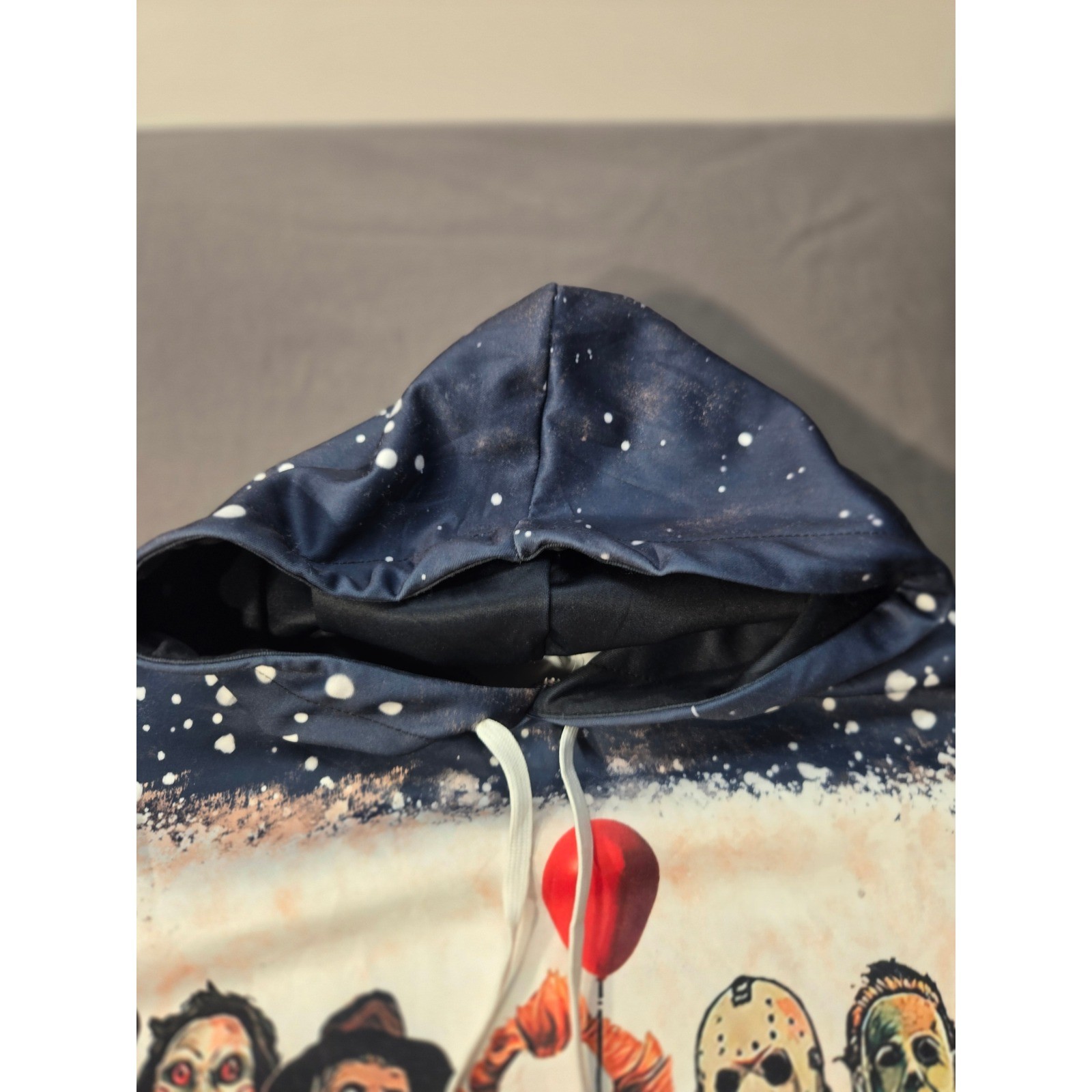Horror Movie Characters Bleached Hoodie Navy Blue Slasher Graphic Sweatshirt XL