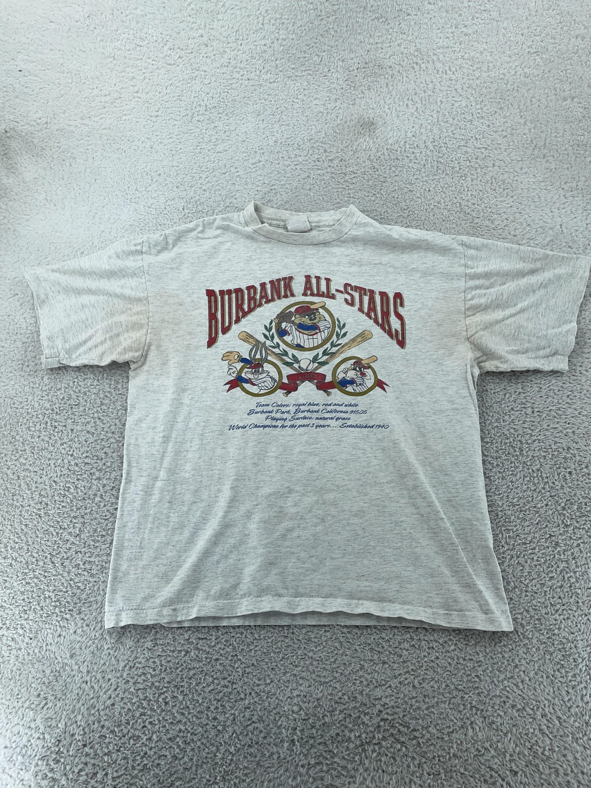 Vtg 90s Taz Looney Tunes Burbank All-Stars T-Shirt FITS L Gray Baseball Cartoon