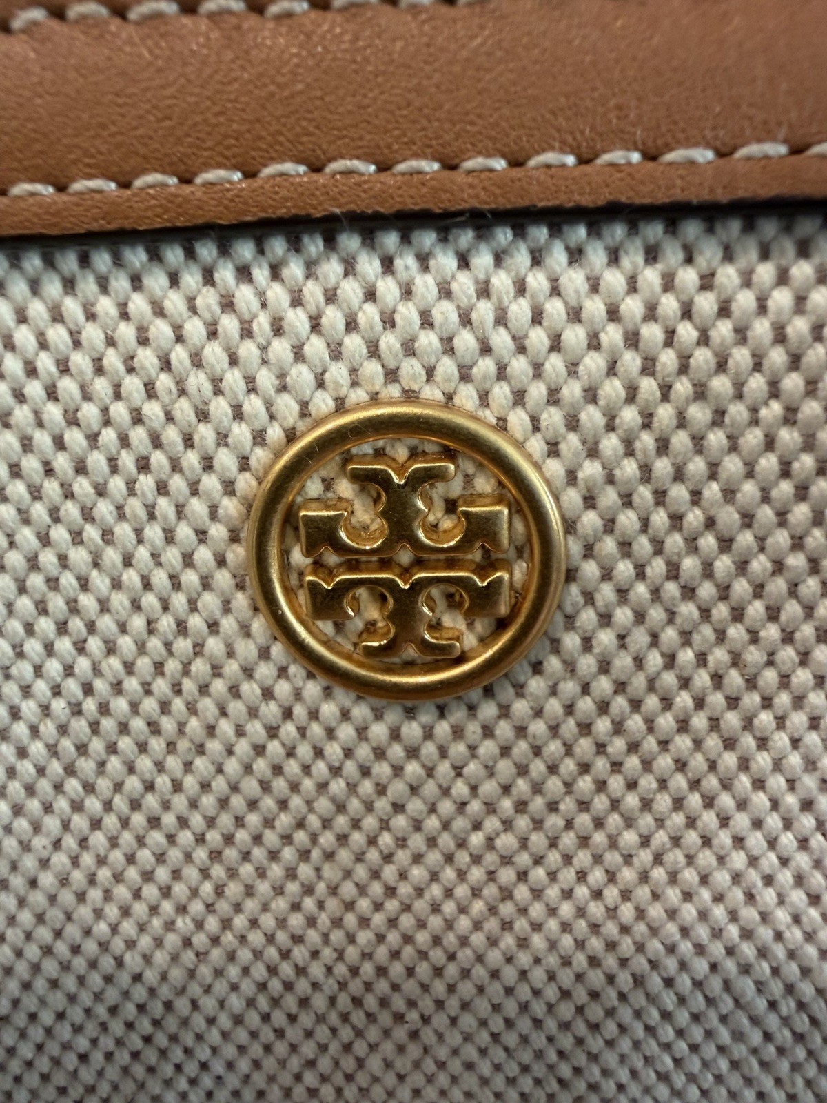 Tory Burch Striped Tote Bag Beige/Brown Zip Closure Adjustable Detachable Strap