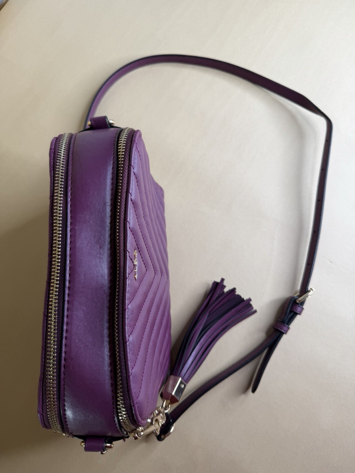 ALDO Purple Quilted Crossbody Bag Double Zip Tassel Gold Tone Hardware