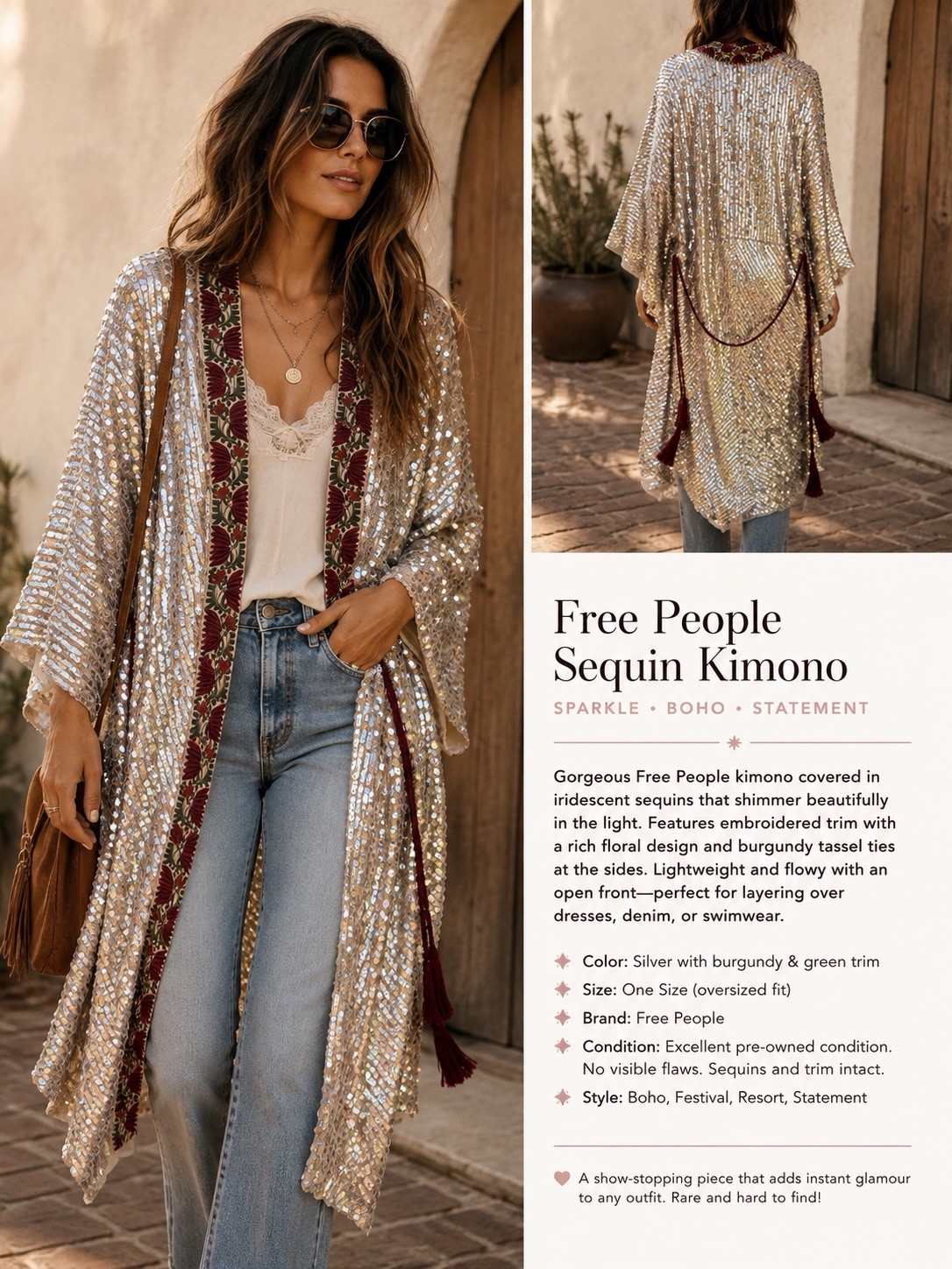 Free People Sequin Kimono Duster Silver Embellished Boho Festival Tassel OS