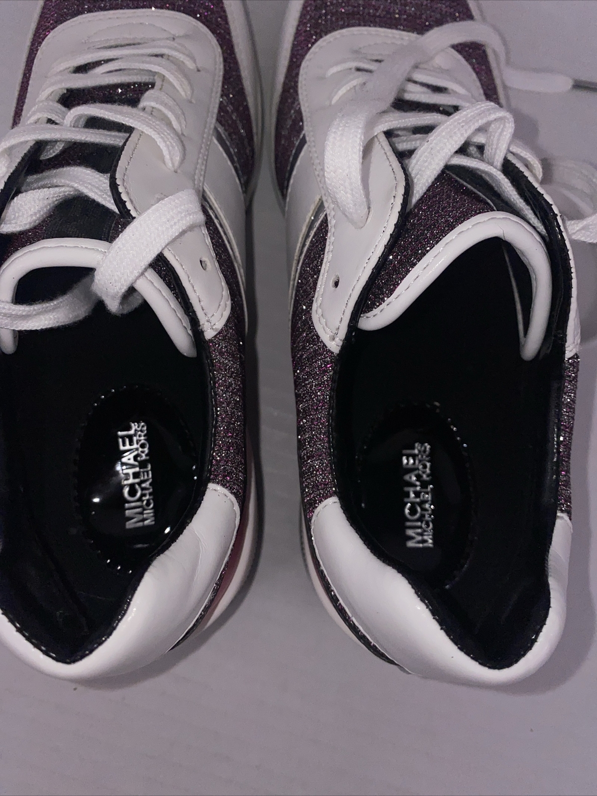 Michael Kors Mabel Trainers Sneakers Merlot Size 9 White Pink Glitter B3F