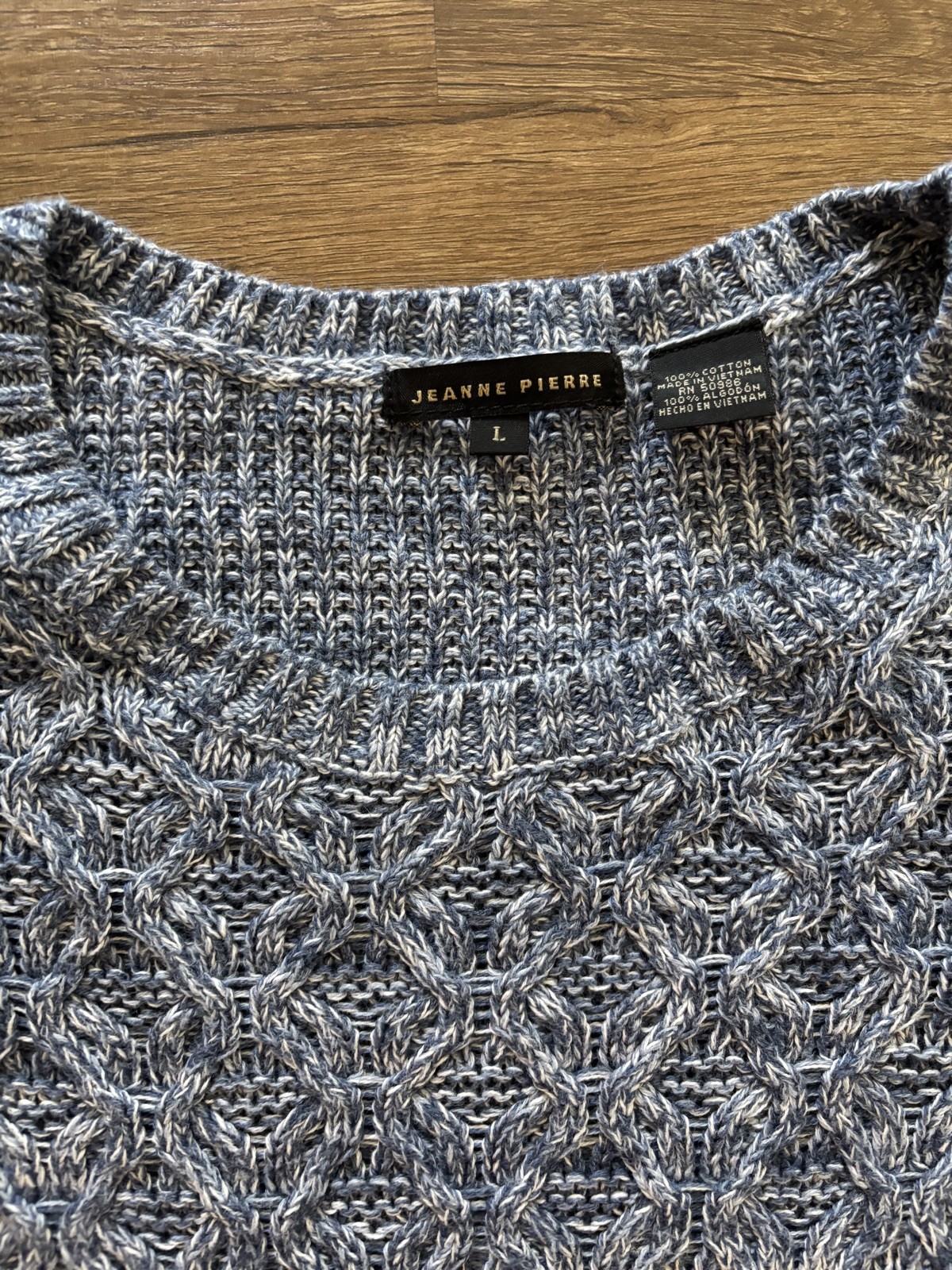 Jeanne Pierre Vintage Pullover Cable Knit Blue/White Cotton Sweater Women Large