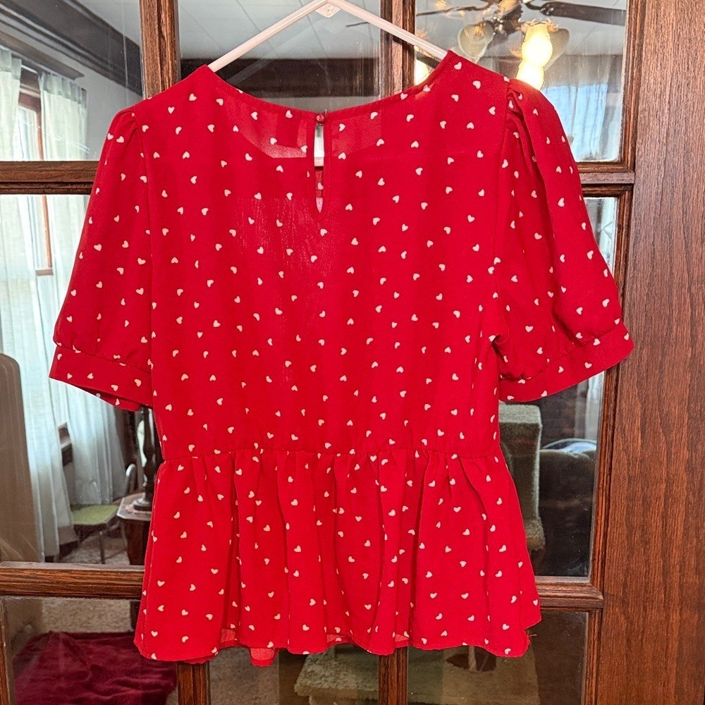 SHEIN Womens Red Heart Print Peplum Blouse Short Puff Sleeve Top Size Medium 6