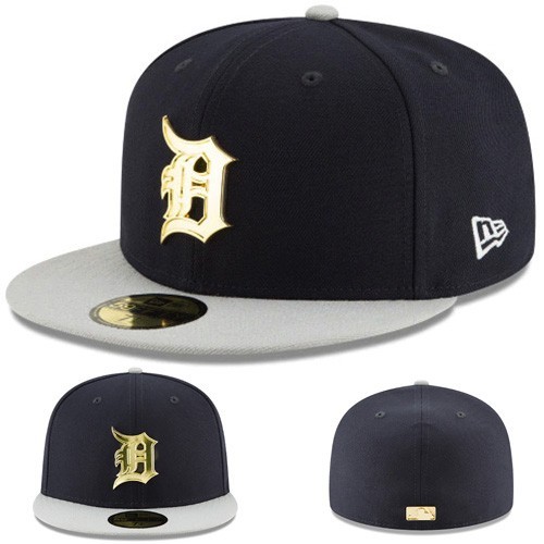 New Era Detroit Tigers Navy Fitted Hat MLB Metallic Gold Official Team Badge Cap