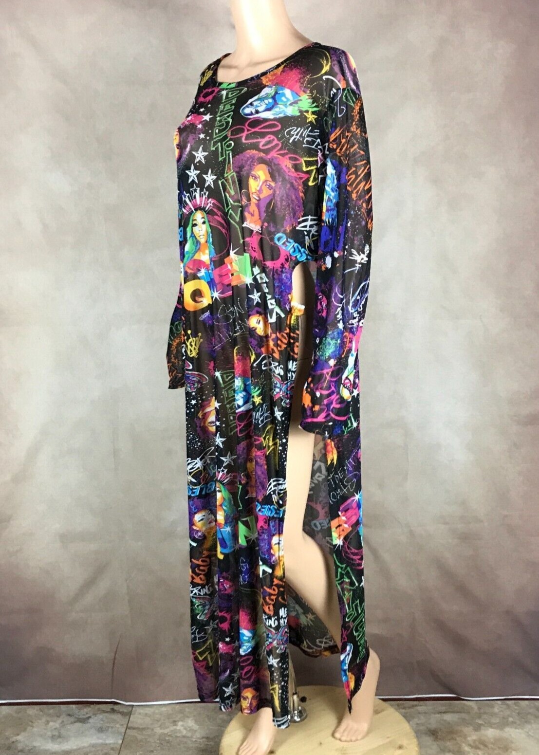 Graffiti Printed High Slit Sheer Mesh Maxi Dress 4X