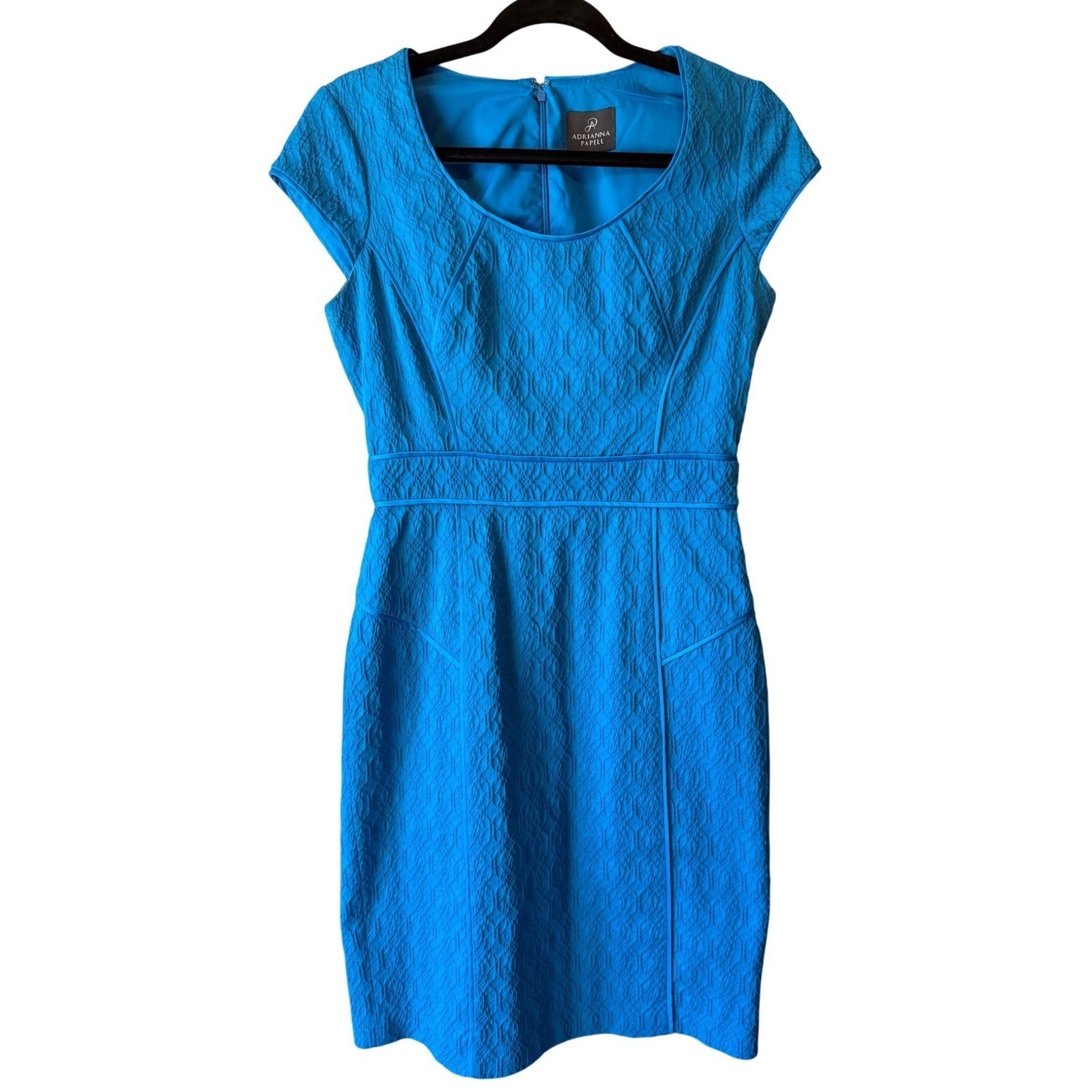 Adrianna Papell Blue Matelasse Sheath Dress Cap Sleeve Textured Size 6