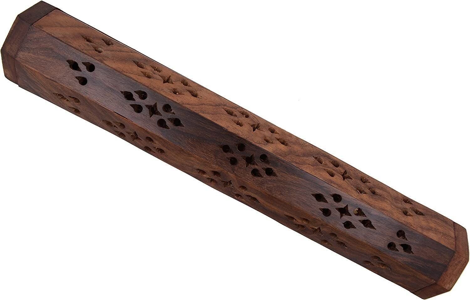 Cavelio ® Rose Wooden Coffin Incense Burner – Jali and Om 12″ – Brass Inlays…