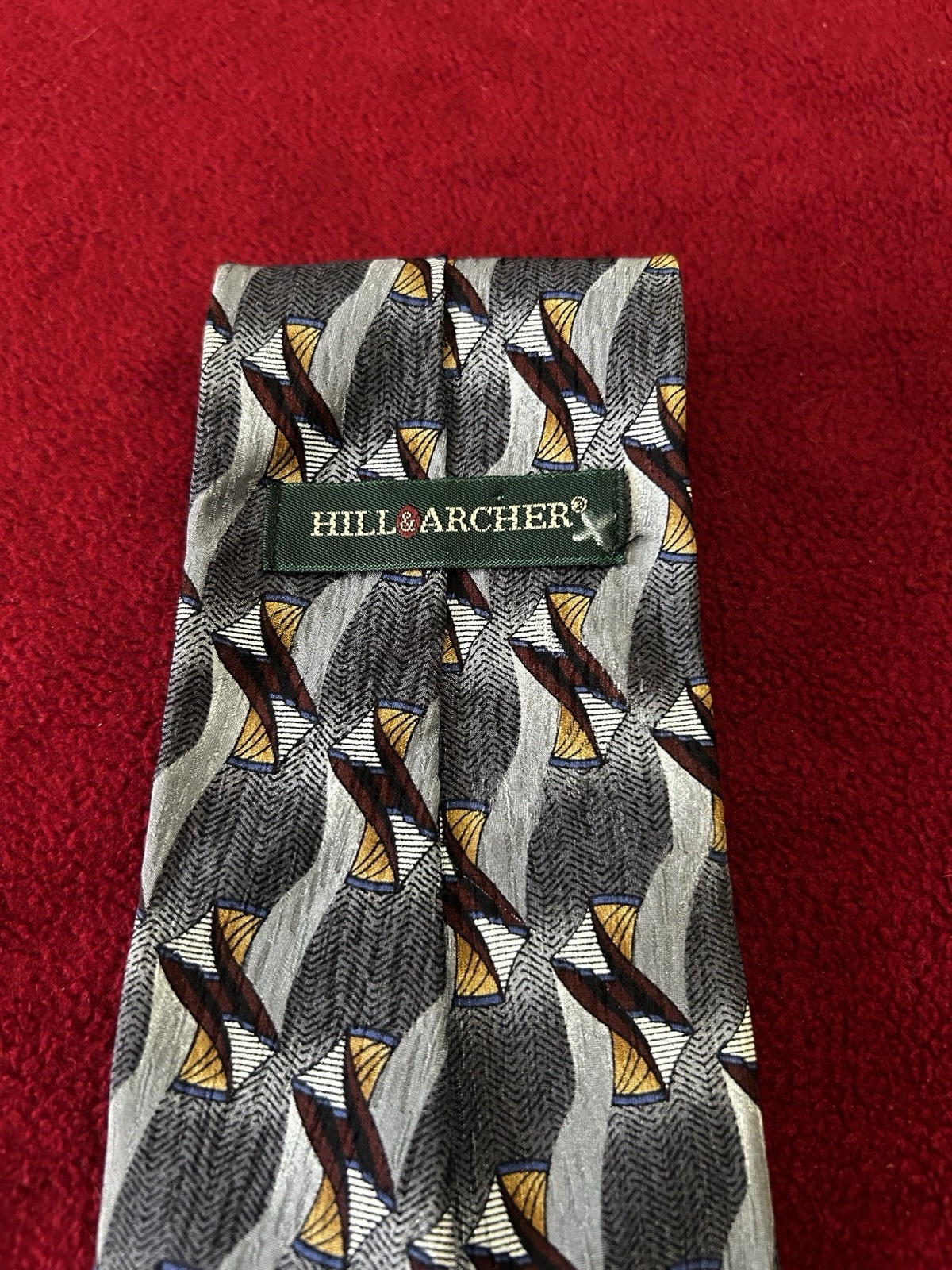 Hill & Archer 100% Silk Men’s Tie Gray Black Brown Yellow White Geometric